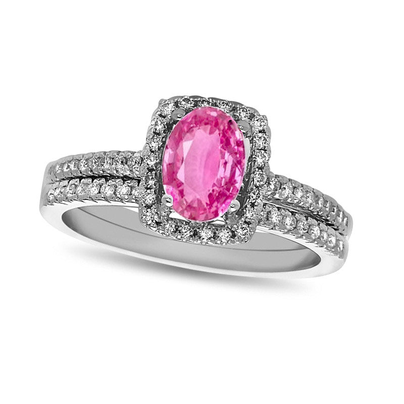 Oval Pink Sapphire and 0.33 CT. T.W. Natural Diamond Frame Bridal Engagement Ring Set in Solid 14K White Gold