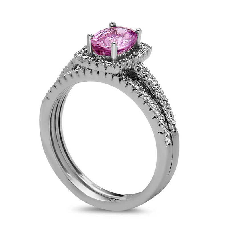 Oval Pink Sapphire and 0.33 CT. T.W. Natural Diamond Frame Bridal Engagement Ring Set in Solid 14K White Gold