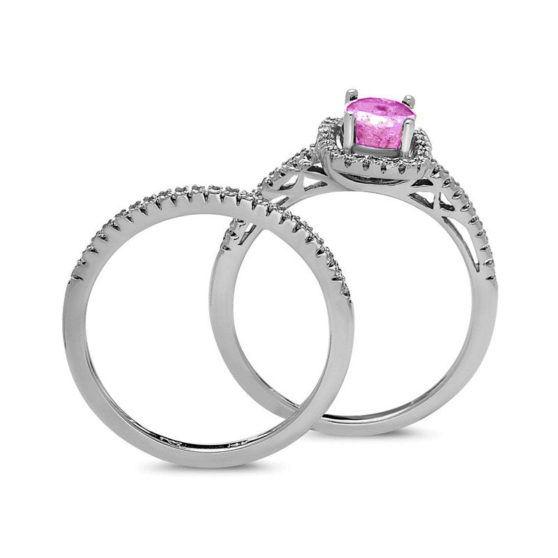 Oval Pink Sapphire and 0.33 CT. T.W. Natural Diamond Frame Bridal Engagement Ring Set in Solid 14K White Gold