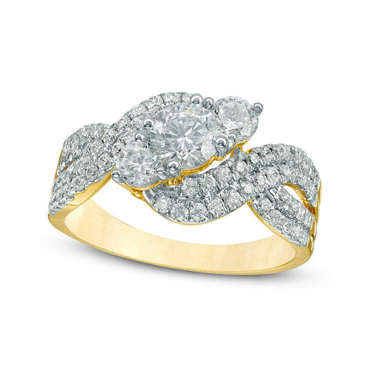 1.5 CT. T.W. Natural Diamond Three Stone Slant Wave Engagement Ring in Solid 10K Yellow Gold