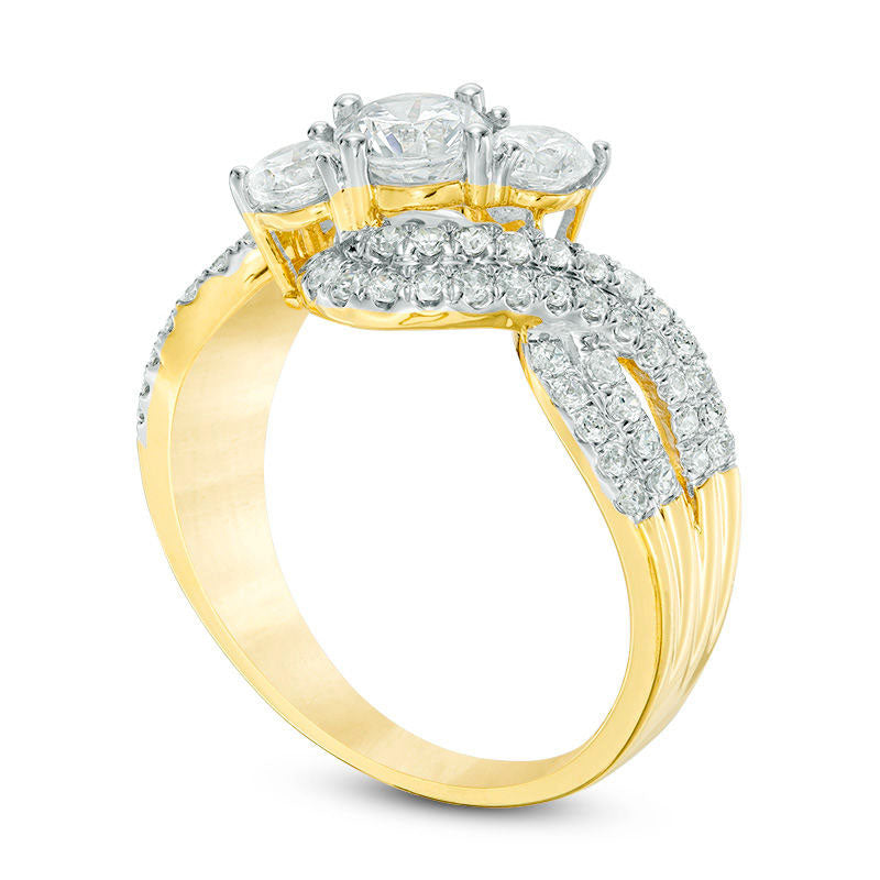 1.5 CT. T.W. Natural Diamond Three Stone Slant Wave Engagement Ring in Solid 10K Yellow Gold