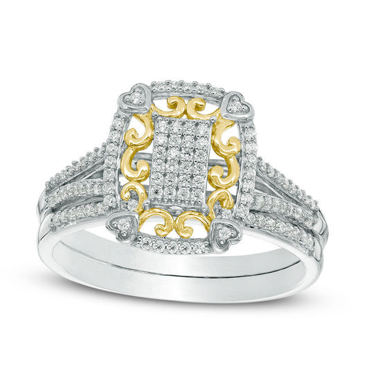 0.25 CT. T.W. Composite Natural Diamond Rectangle Frame Filigree Bridal Engagement Ring Set in Solid 10K Two-Tone Gold