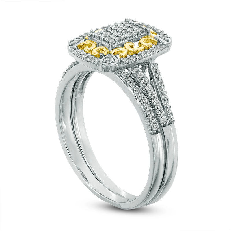 0.25 CT. T.W. Composite Natural Diamond Rectangle Frame Filigree Bridal Engagement Ring Set in Solid 10K Two-Tone Gold