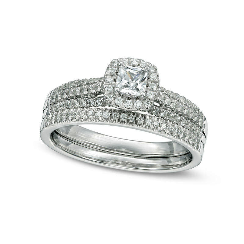 0.75 CT. T.W. Princess-Cut Natural Diamond Frame Multi-Row Bridal Engagement Ring Set in Solid 10K White Gold