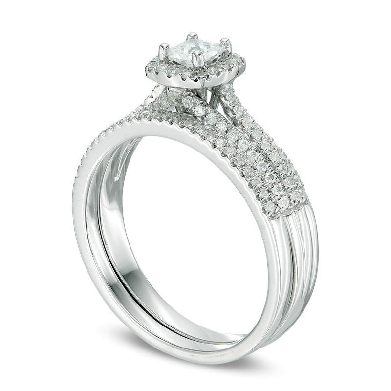 0.75 CT. T.W. Princess-Cut Natural Diamond Frame Multi-Row Bridal Engagement Ring Set in Solid 10K White Gold