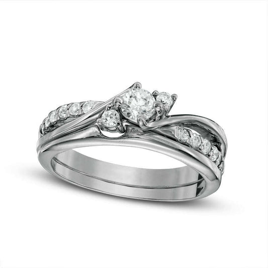 0.50 CT. T.W. Natural Diamond Three Stone Bypass Bridal Engagement Ring Set in Solid 14K White Gold