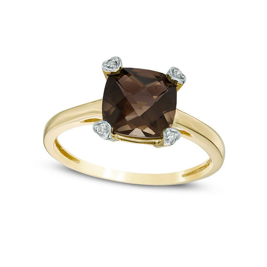 8.0mm Cushion-Cut Smoky Quartz and Natural Diamond Accent Ring in Solid 10K Yellow Gold