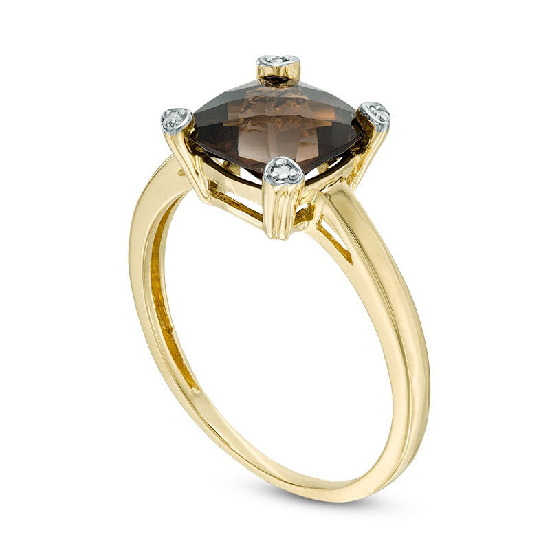 8.0mm Cushion-Cut Smoky Quartz and Natural Diamond Accent Ring in Solid 10K Yellow Gold