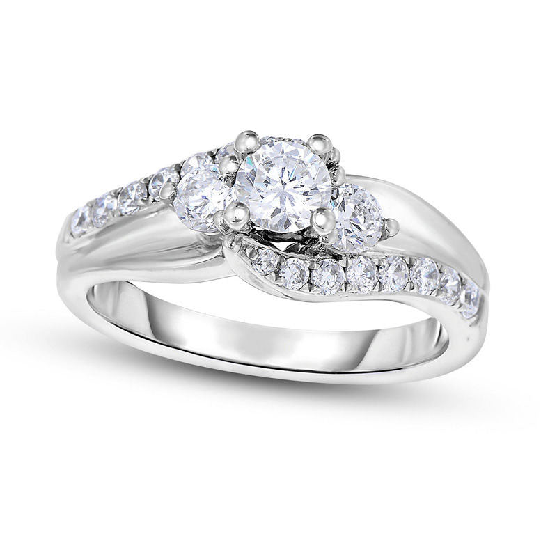 1.0 CT. T.W. Natural Diamond Three Stone Swirl Bypass Engagement Ring in Solid 14K White Gold