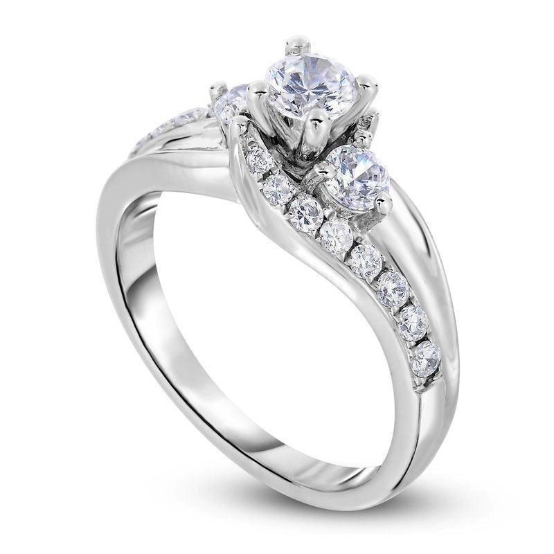 1.0 CT. T.W. Natural Diamond Three Stone Swirl Bypass Engagement Ring in Solid 14K White Gold