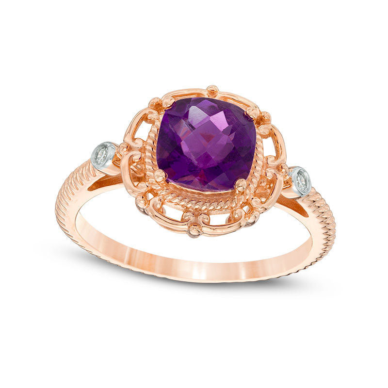 7.0mm Cushion-Cut Amethyst and Natural Diamond Accent Scroll Ring in Solid 10K Rose Gold