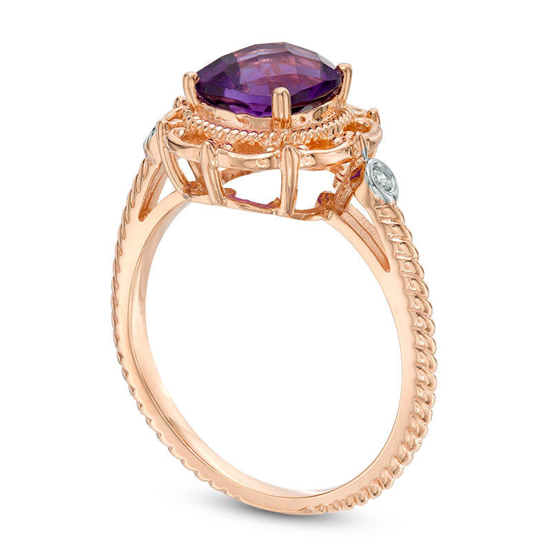 7.0mm Cushion-Cut Amethyst and Natural Diamond Accent Scroll Ring in Solid 10K Rose Gold