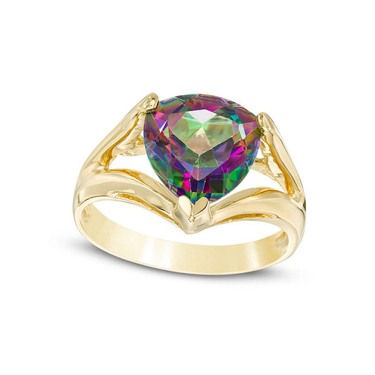 10.0mm Trillion-Cut Mystic Fire® Topaz Split Shank Ring in Solid 10K Yellow Gold