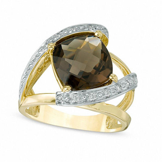 10.0mm Cushion-Cut Smoky Quartz and 0.17 CT. T.W. Natural Diamond Bypass Split Shank Ring in Solid 10K Yellow Gold