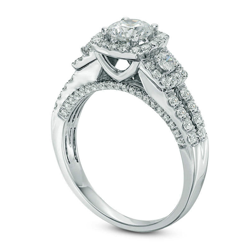 1.5 CT. T.W. Natural Diamond Cushion Frame Three Stone Engagement Ring in Solid 10K White Gold