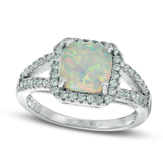 8.0mm Cushion-Cut Lab-Created Opal and White Topaz Frame Split Shank Ring in Sterling Silver