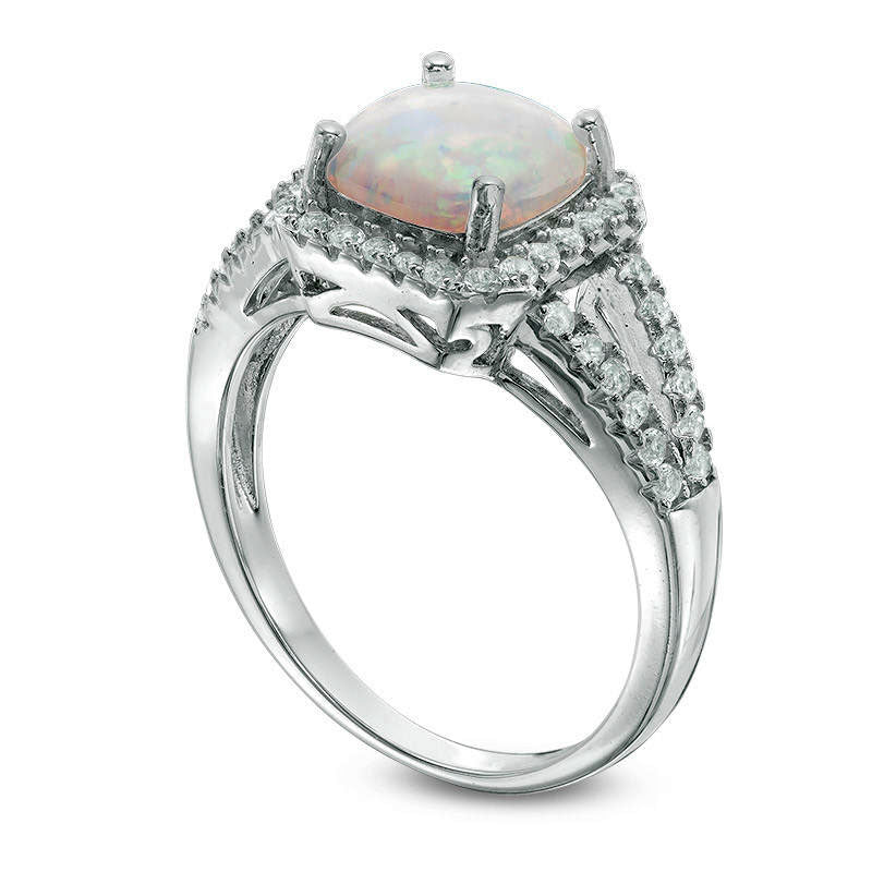 8.0mm Cushion-Cut Lab-Created Opal and White Topaz Frame Split Shank Ring in Sterling Silver