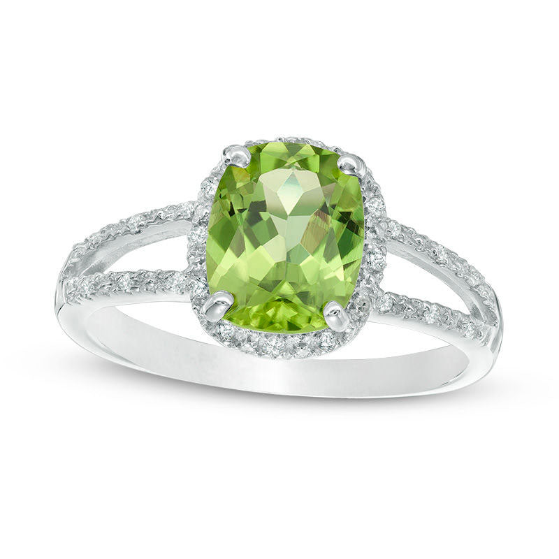 Cushion-Cut Peridot and 0.10 CT. T.W. Natural Diamond Frame Split Shank Ring in Sterling Silver