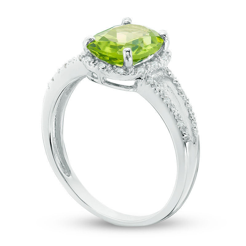 Cushion-Cut Peridot and 0.10 CT. T.W. Natural Diamond Frame Split Shank Ring in Sterling Silver