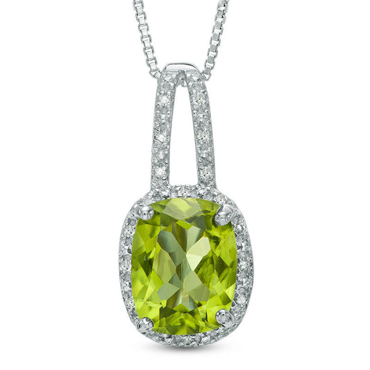 Cushion-Cut Peridot and Natural Diamond Accent Frame Drop Pendant in Sterling Silver