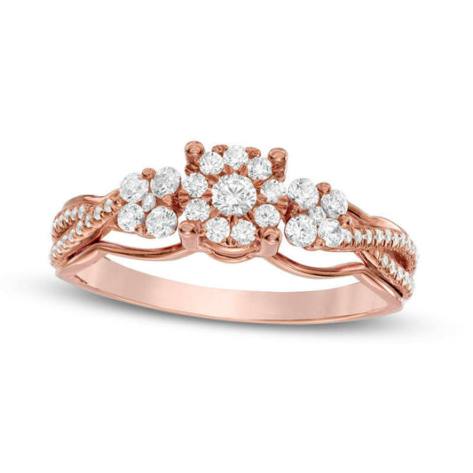 0.50 CT. T.W. Composite Natural Diamond Three Stone Split Shank Engagement Ring in Solid 10K Rose Gold