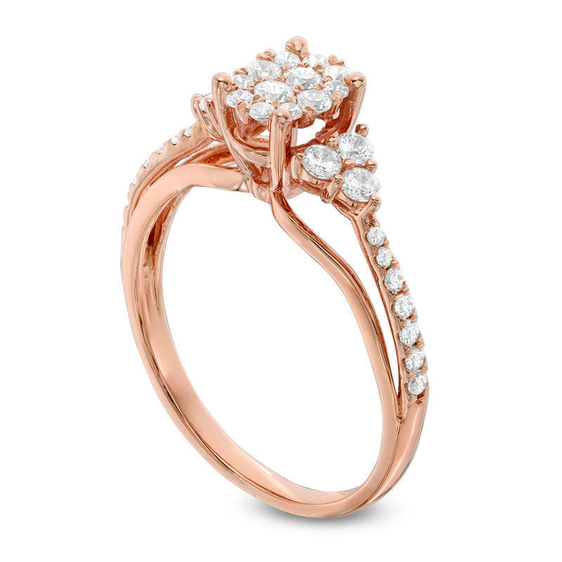 0.50 CT. T.W. Composite Natural Diamond Three Stone Split Shank Engagement Ring in Solid 10K Rose Gold