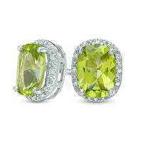 Cushion-Cut Peridot and Diamond Accent Frame Stud Earrings in Sterling Silver