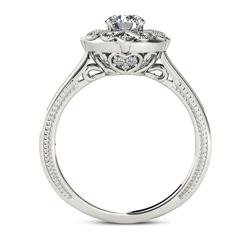 0.63 CT. T.W. Natural Diamond Flower Frame Antique Vintage-Style Engagement Ring in Solid 14K White Gold