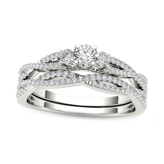 0.50 CT. T.W. Natural Diamond Three Stone Twist Bridal Engagement Ring Set in Solid 14K White Gold