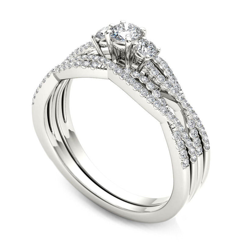 0.50 CT. T.W. Natural Diamond Three Stone Twist Bridal Engagement Ring Set in Solid 14K White Gold