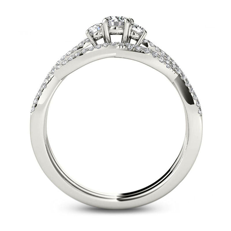 0.50 CT. T.W. Natural Diamond Three Stone Twist Bridal Engagement Ring Set in Solid 14K White Gold