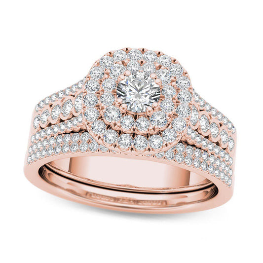 1.0 CT. T.W. Natural Diamond Double Cushion Frame Multi-Row Bridal Engagement Ring Set in Solid 14K Rose Gold