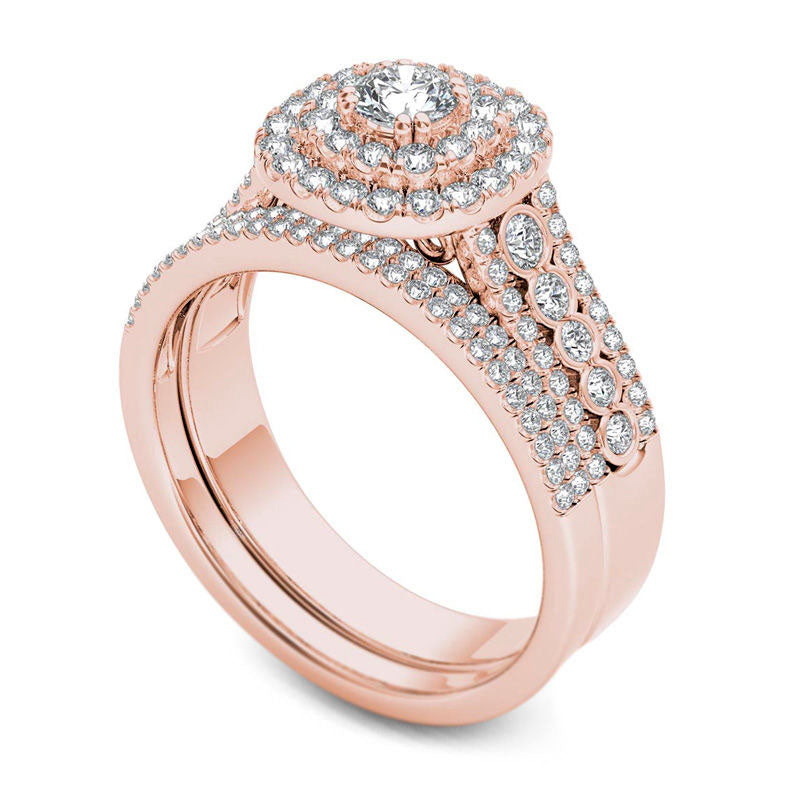 1.0 CT. T.W. Natural Diamond Double Cushion Frame Multi-Row Bridal Engagement Ring Set in Solid 14K Rose Gold