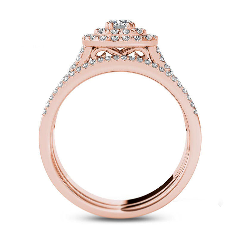 1.0 CT. T.W. Natural Diamond Double Cushion Frame Multi-Row Bridal Engagement Ring Set in Solid 14K Rose Gold