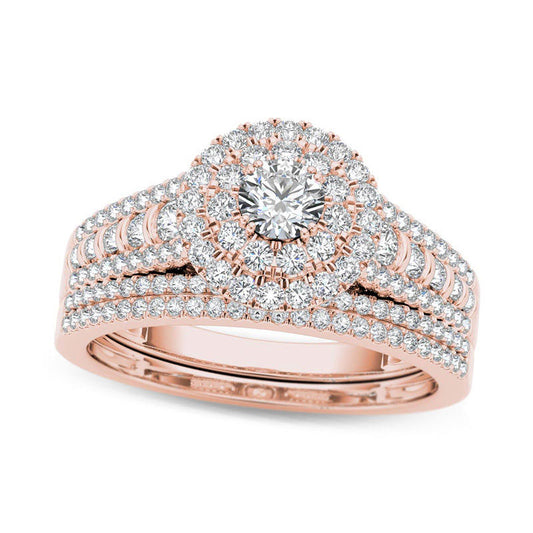 1.0 CT. T.W. Natural Diamond Double Frame Multi-Row Bridal Engagement Ring Set in Solid 14K Rose Gold