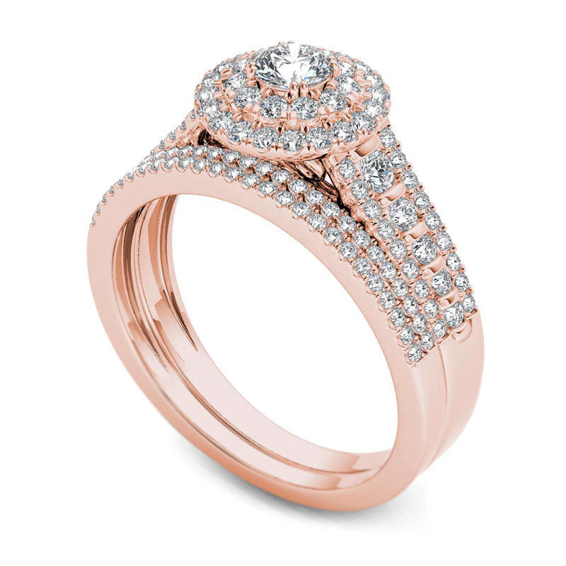 1.0 CT. T.W. Natural Diamond Double Frame Multi-Row Bridal Engagement Ring Set in Solid 14K Rose Gold