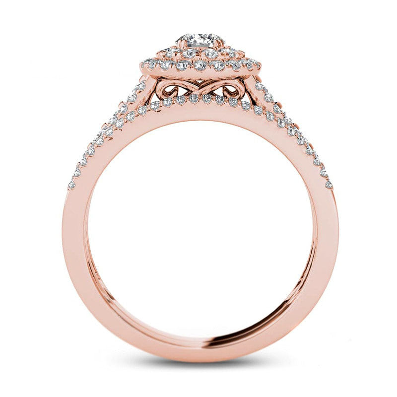 1.0 CT. T.W. Natural Diamond Double Frame Multi-Row Bridal Engagement Ring Set in Solid 14K Rose Gold