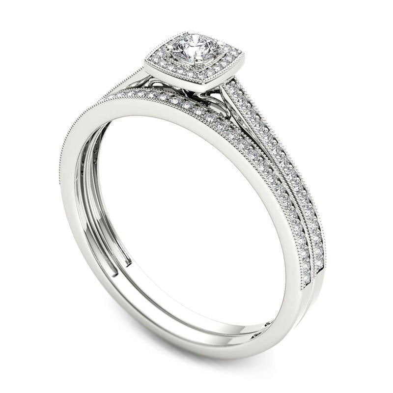 0.33 CT. T.W. Natural Diamond Cushion Frame Antique Vintage-Style Bridal Engagement Ring Set in Solid 14K White Gold