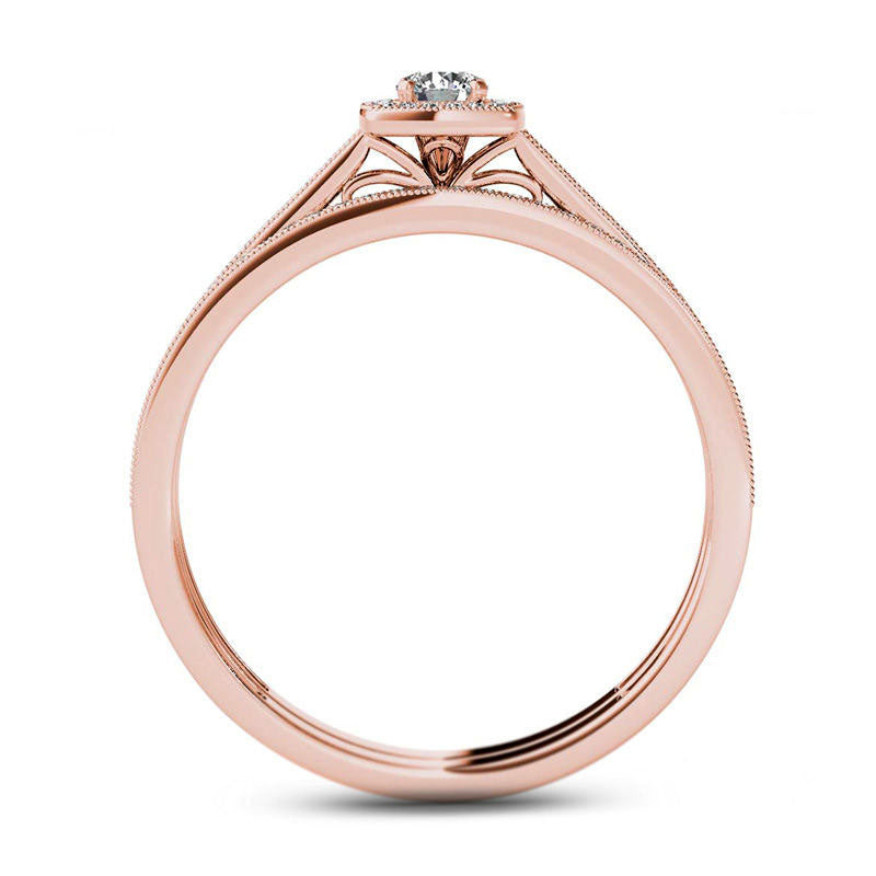 0.33 CT. T.W. Natural Diamond Cushion Frame Antique Vintage-Style Bridal Engagement Ring Set in Solid 14K Rose Gold