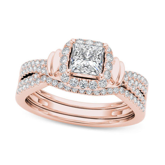 1.0 CT. T.W. Princess-Cut Natural Diamond Frame Multi-Row Three Piece Bridal Engagement Ring Set in Solid 14K Rose Gold