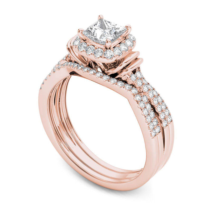 1.0 CT. T.W. Princess-Cut Natural Diamond Frame Multi-Row Three Piece Bridal Engagement Ring Set in Solid 14K Rose Gold