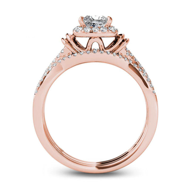 1.0 CT. T.W. Princess-Cut Natural Diamond Frame Multi-Row Three Piece Bridal Engagement Ring Set in Solid 14K Rose Gold