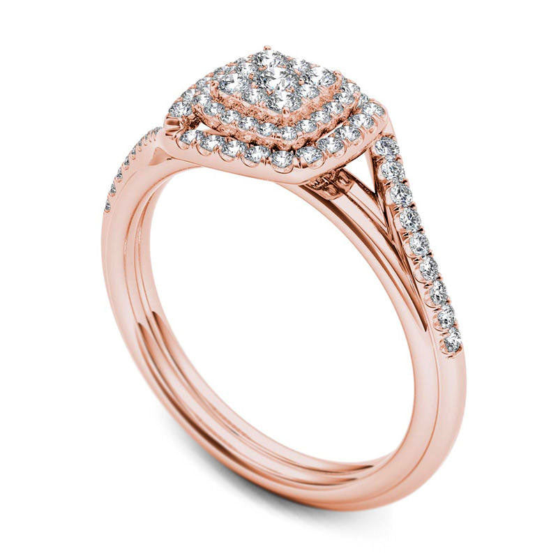 0.38 CT. T.W. Composite Natural Diamond Double Square Frame Bypass Engagement Ring in Solid 14K Rose Gold