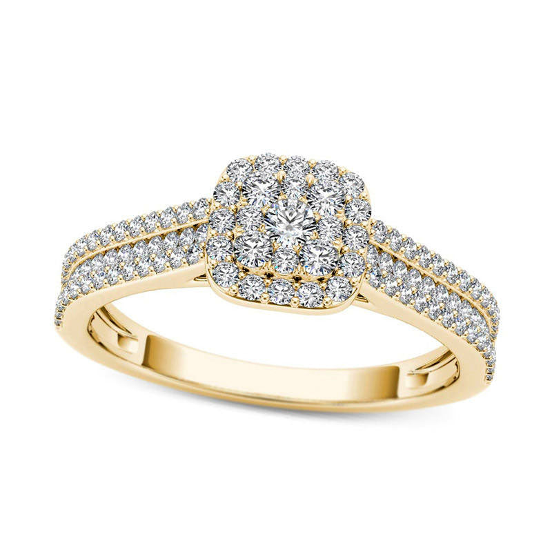 0.50 CT. T.W. Composite Natural Diamond Cushion Frame Multi-Row Engagement Ring in Solid 14K Gold