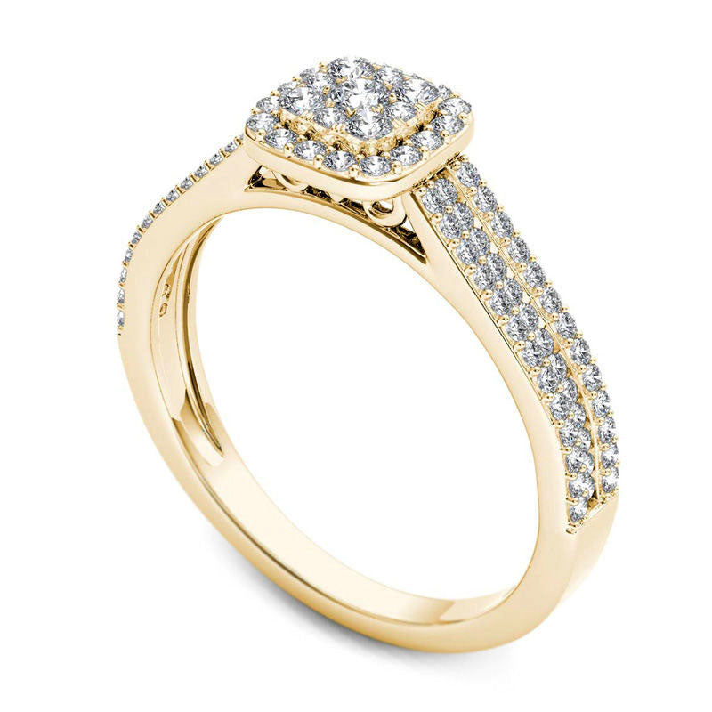 0.50 CT. T.W. Composite Natural Diamond Cushion Frame Multi-Row Engagement Ring in Solid 14K Gold