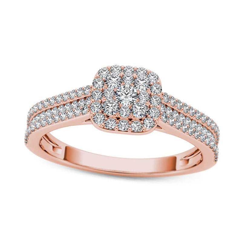 0.50 CT. T.W. Composite Natural Diamond Cushion Frame Multi-Row Engagement Ring in Solid 14K Rose Gold