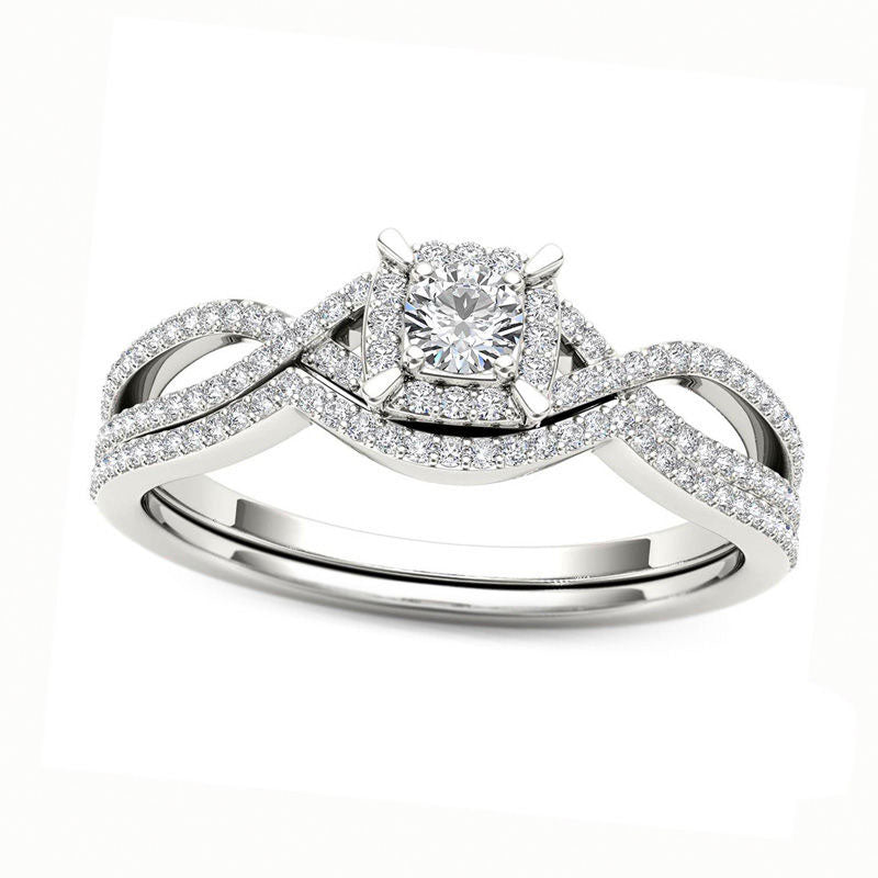 0.38 CT. T.W. Natural Diamond Cushion Frame Twist Bridal Engagement Ring Set in Solid 14K White Gold