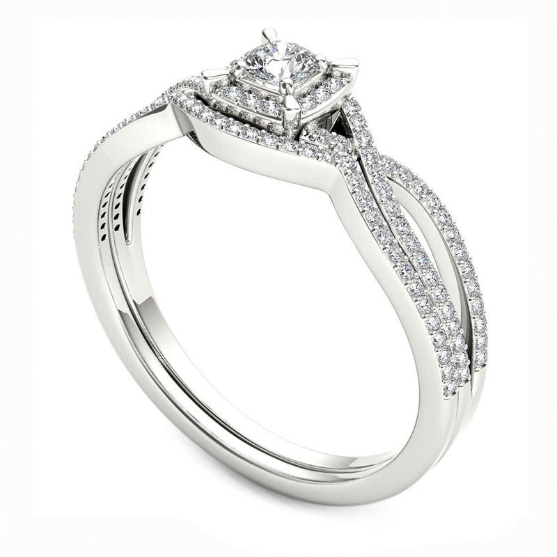 0.38 CT. T.W. Natural Diamond Cushion Frame Twist Bridal Engagement Ring Set in Solid 14K White Gold