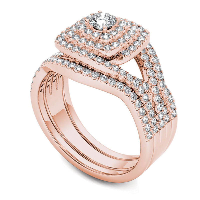 1.0 CT. T.W. Natural Diamond Cushion Frame Split Shank Three Piece Bridal Engagement Ring Set in Solid 14K Rose Gold