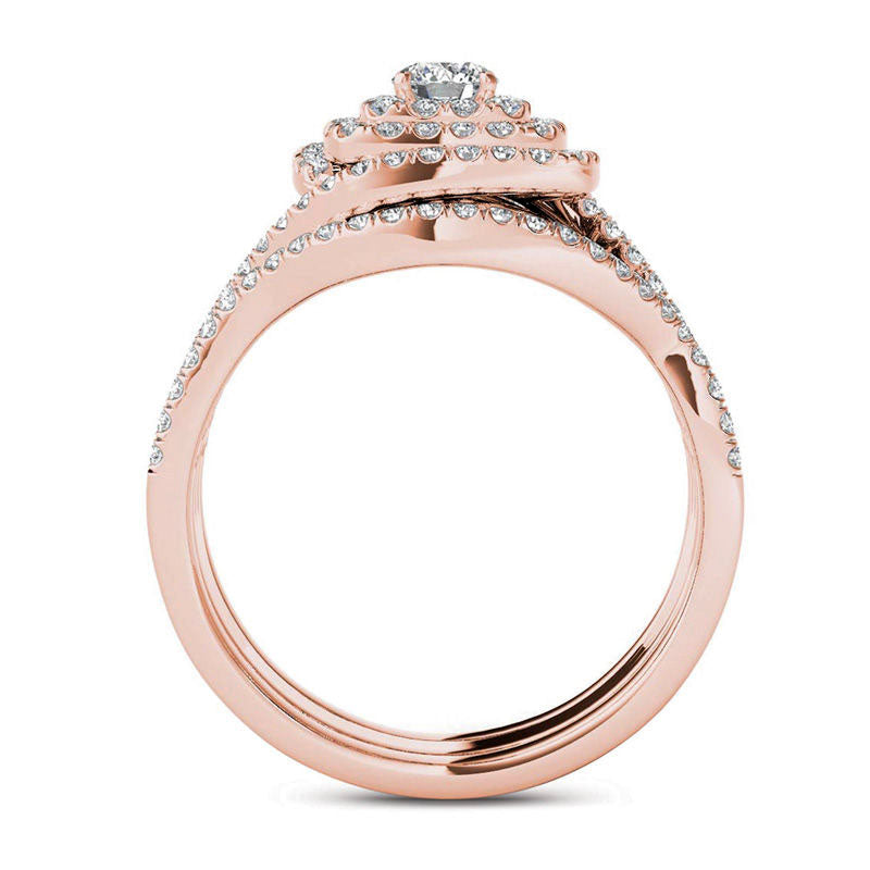 1.0 CT. T.W. Natural Diamond Cushion Frame Split Shank Three Piece Bridal Engagement Ring Set in Solid 14K Rose Gold